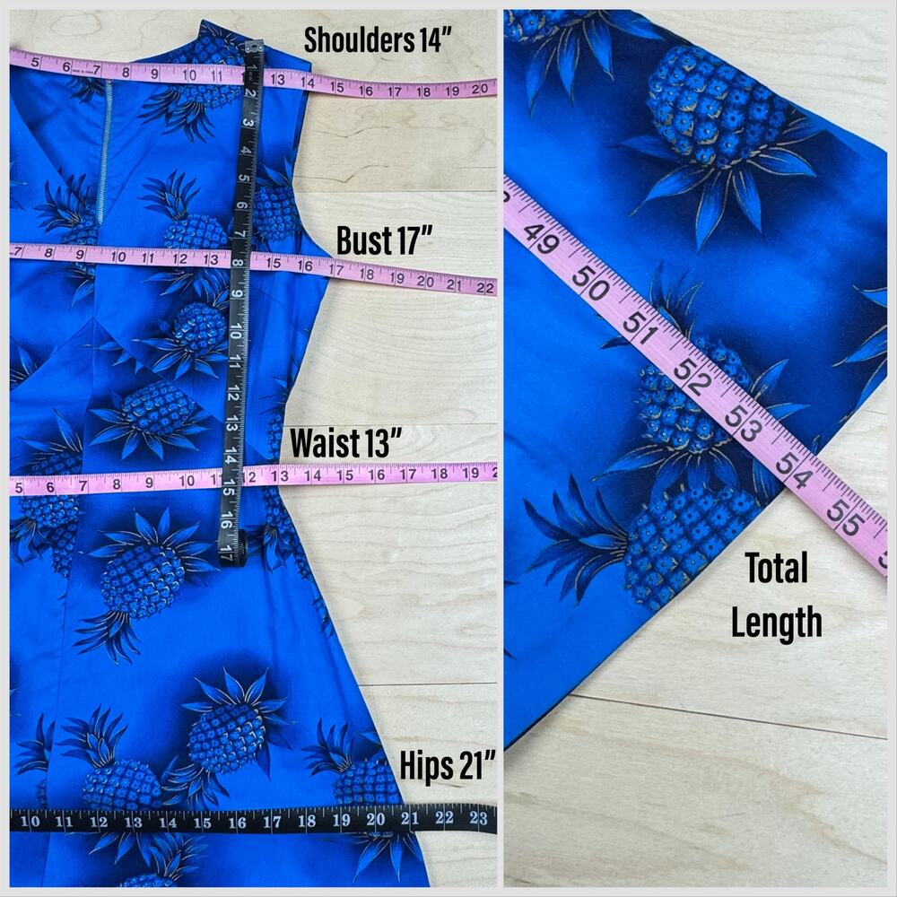 Vintage 1950s Blue and Gold Pineapple Print Tiki Maxi Dress - Picture 6 of 7